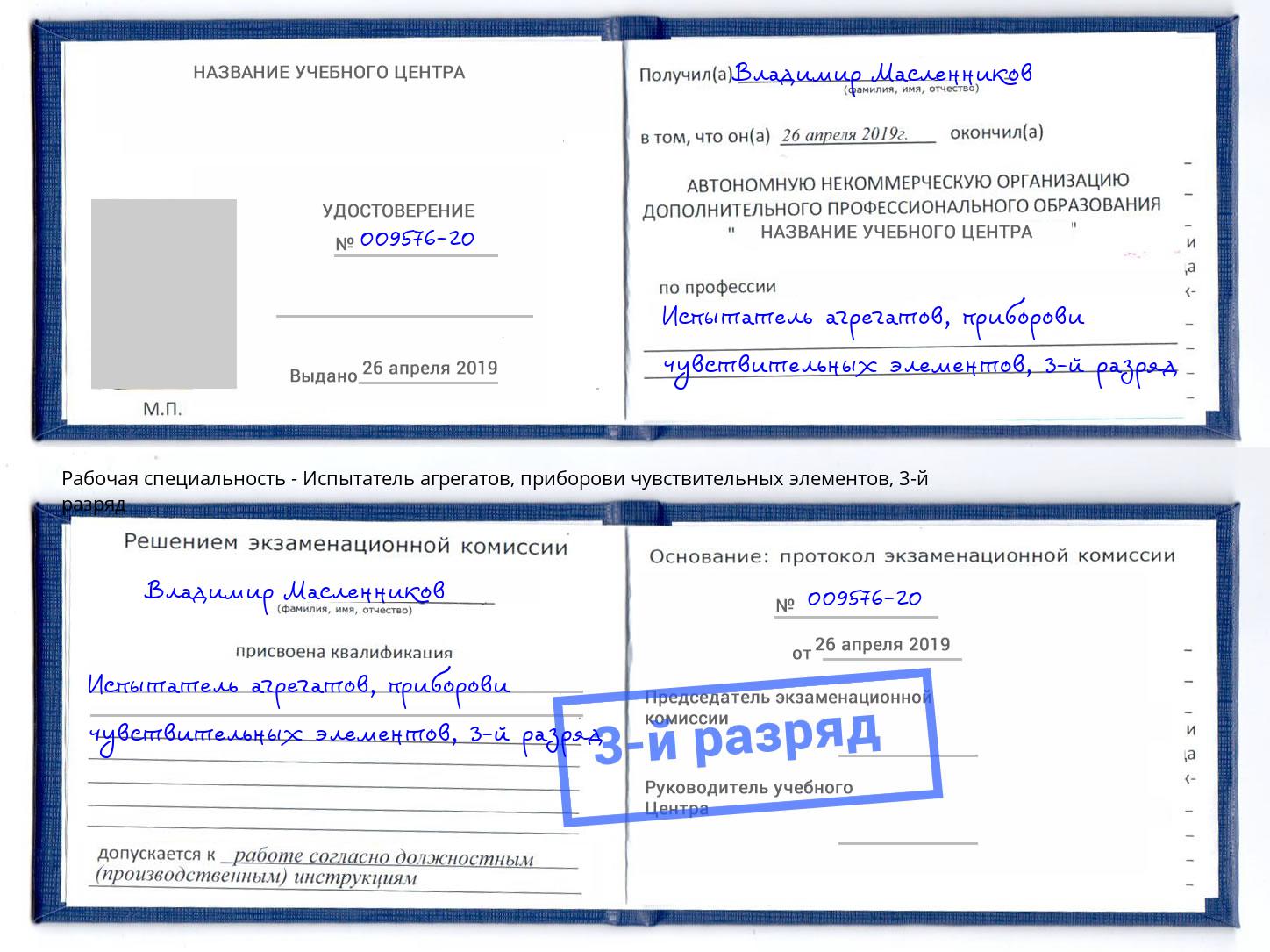 корочка 3-й разряд Испытатель агрегатов, приборови чувствительных элементов Дзержинский