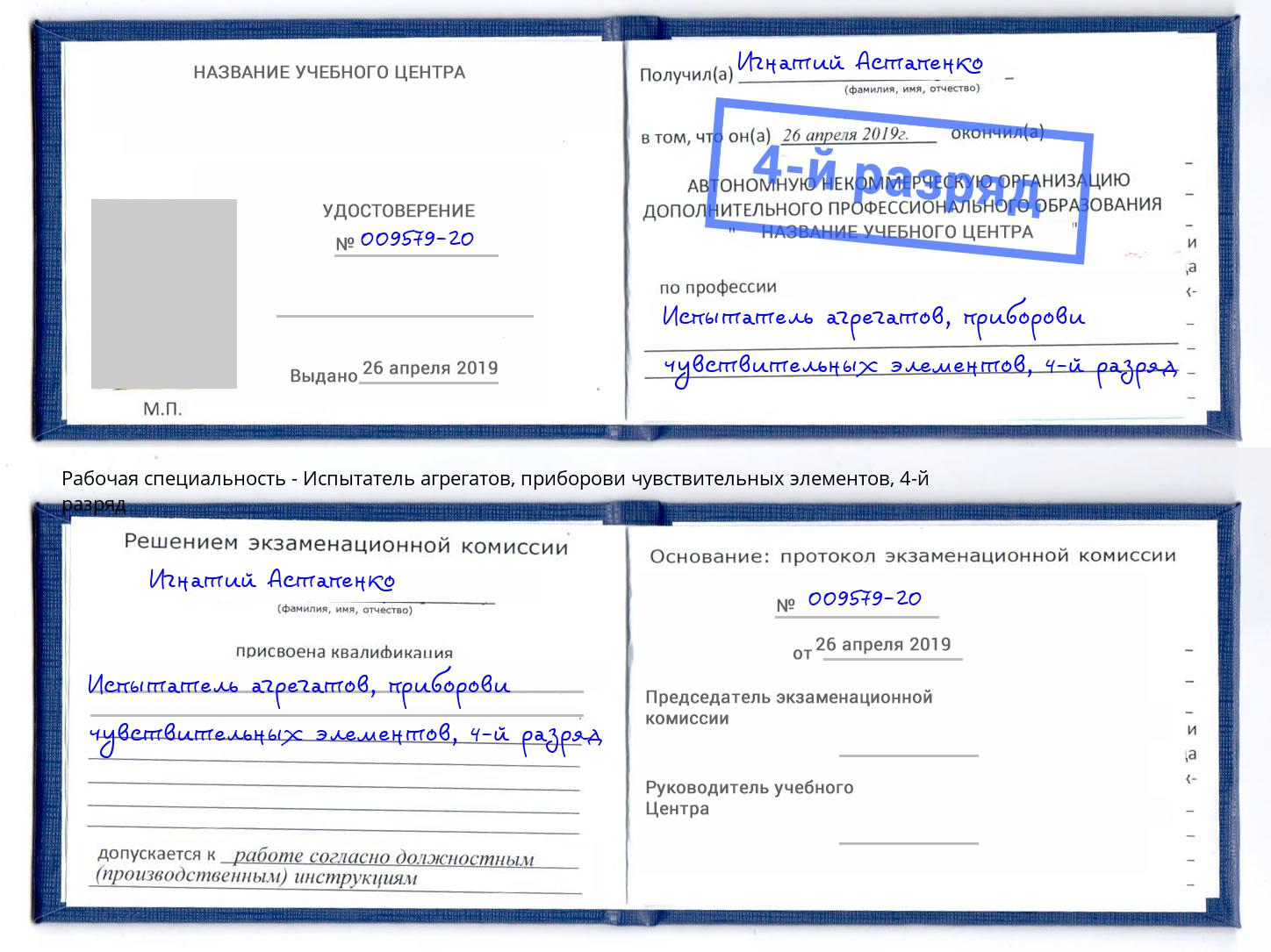 корочка 4-й разряд Испытатель агрегатов, приборови чувствительных элементов Дзержинский