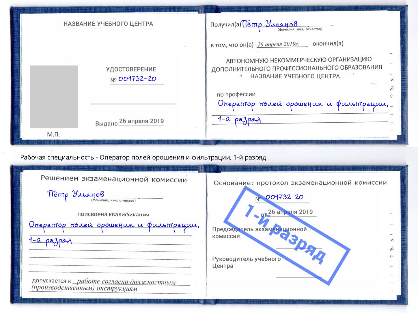 корочка 1-й разряд Оператор полей орошения и фильтрации Дзержинский