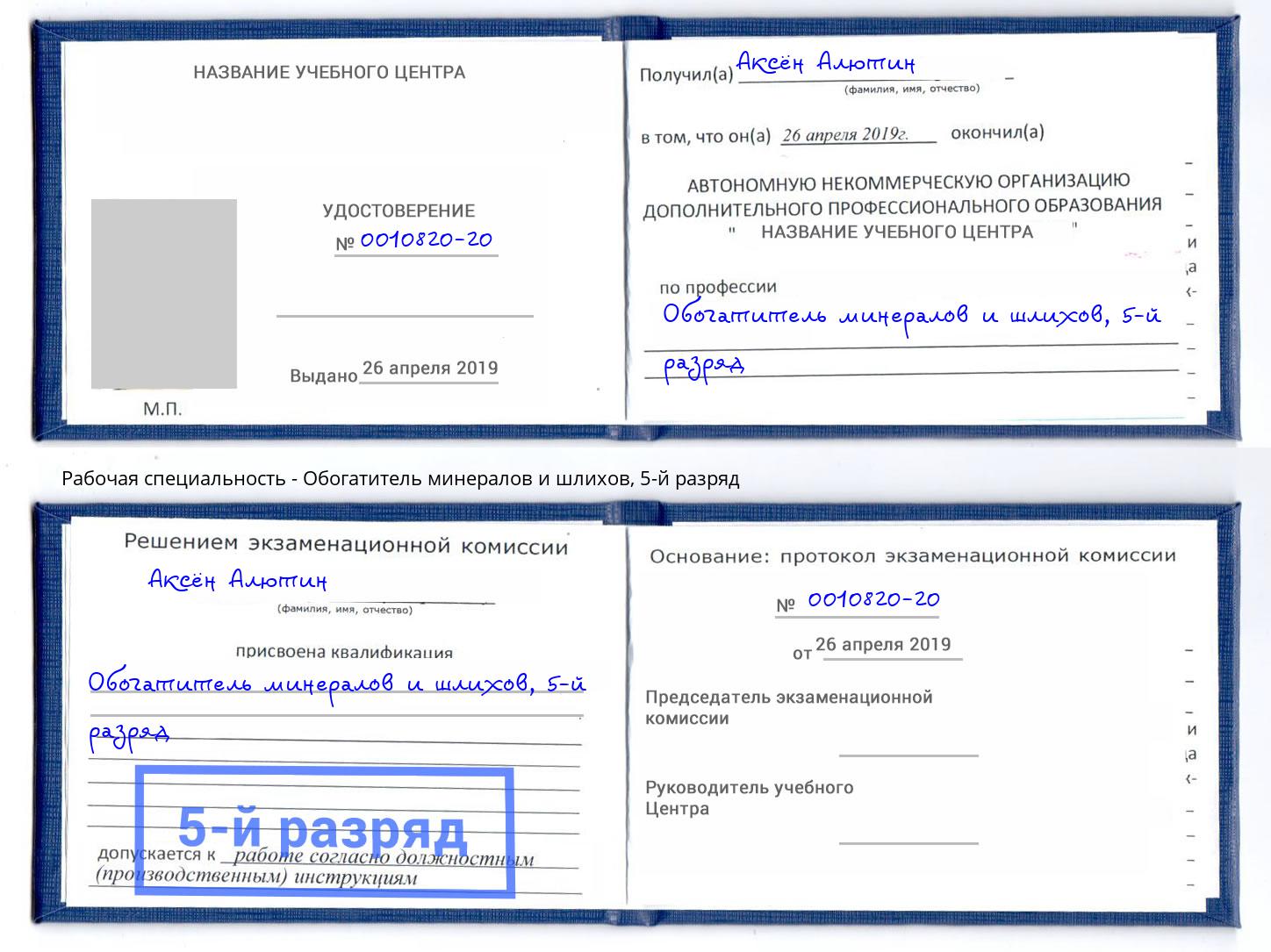 корочка 5-й разряд Обогатитель минералов и шлихов Дзержинский