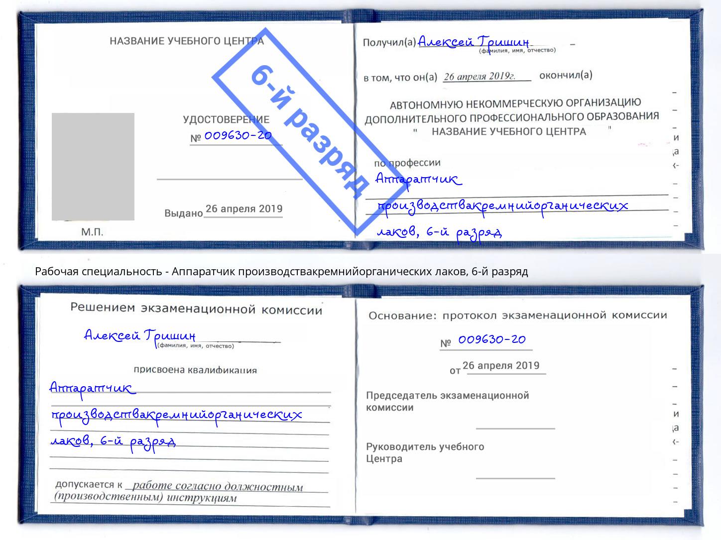 корочка 6-й разряд Аппаратчик производствакремнийорганических лаков Дзержинский