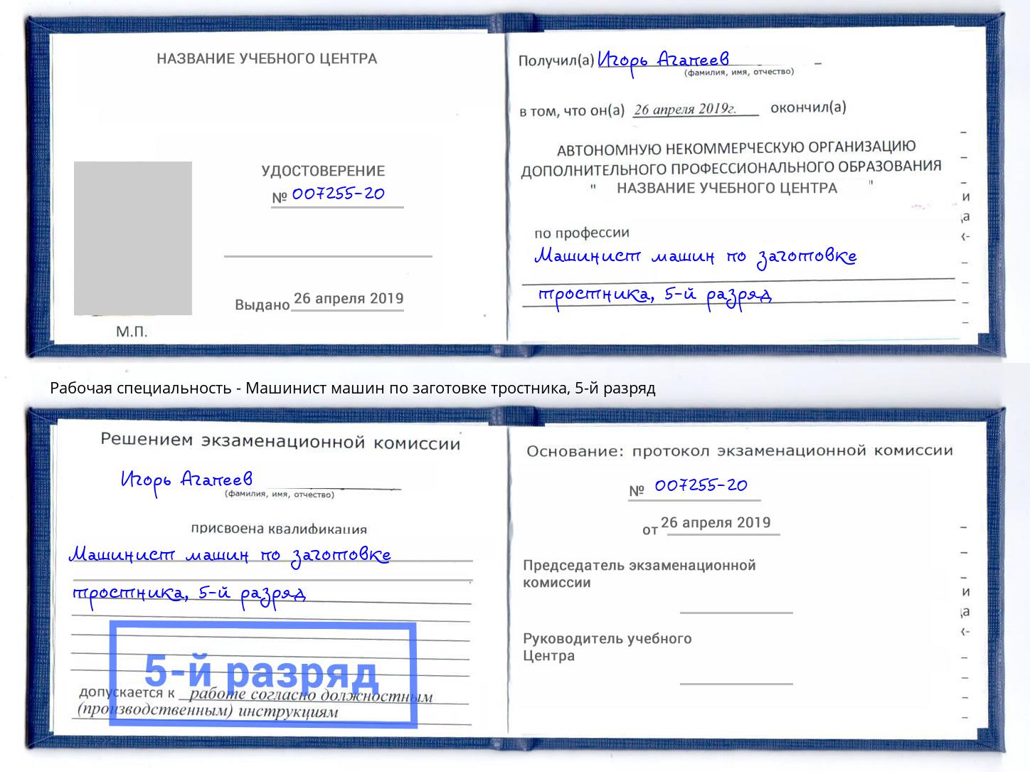 корочка 5-й разряд Машинист машин по заготовке тростника Дзержинский