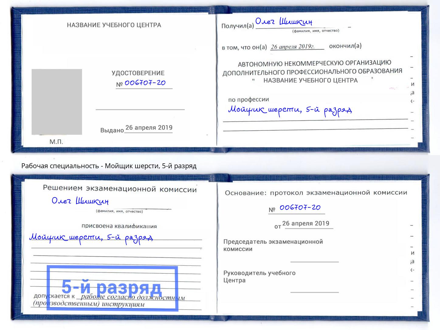 корочка 5-й разряд Мойщик шерсти Дзержинский