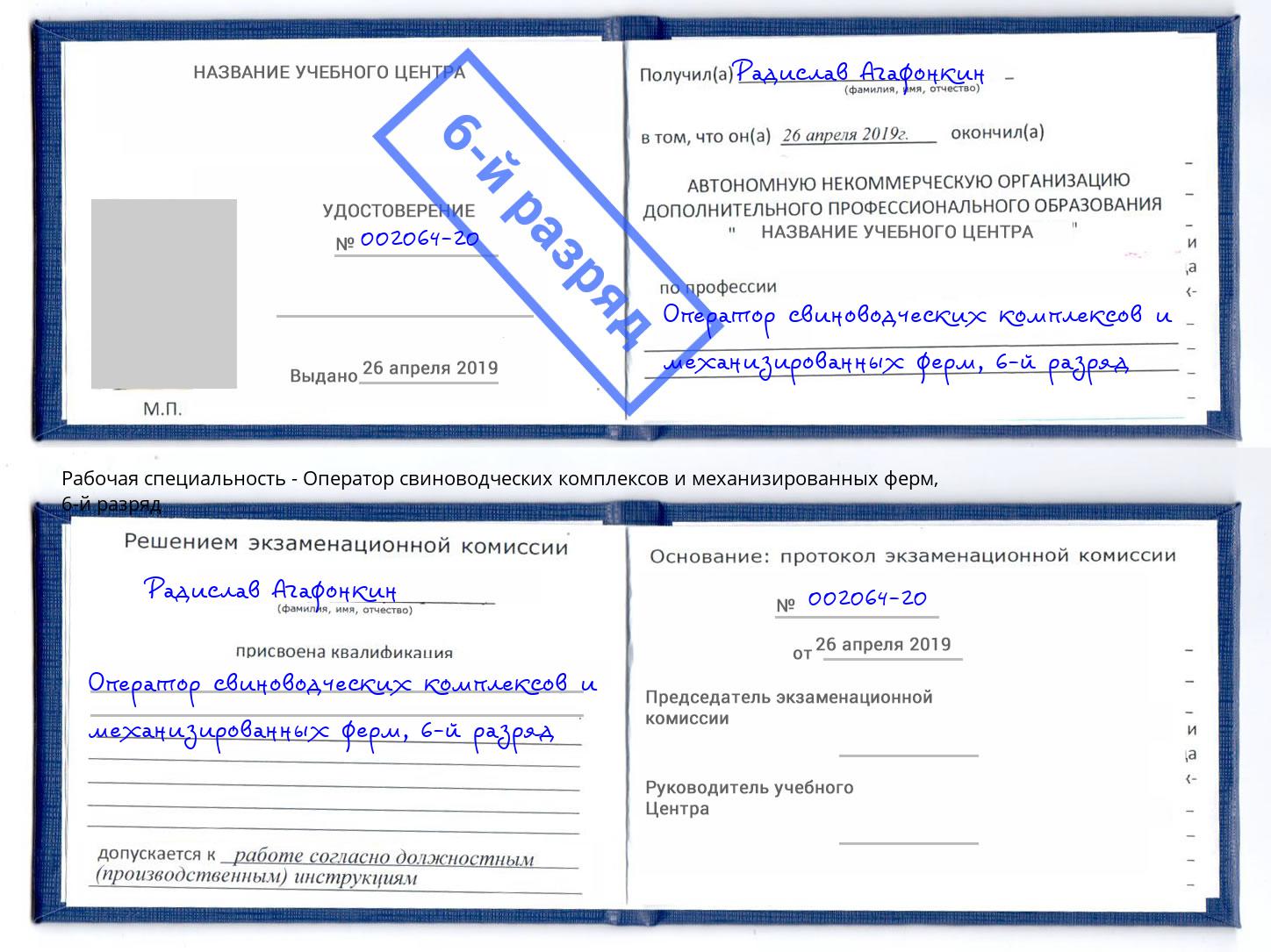 корочка 6-й разряд Оператор свиноводческих комплексов и механизированных ферм Дзержинский
