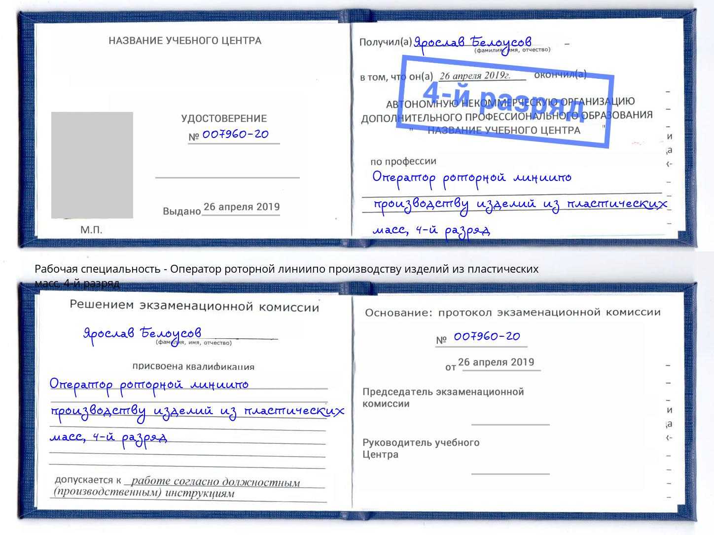 корочка 4-й разряд Оператор роторной линиипо производству изделий из пластических масс Дзержинский