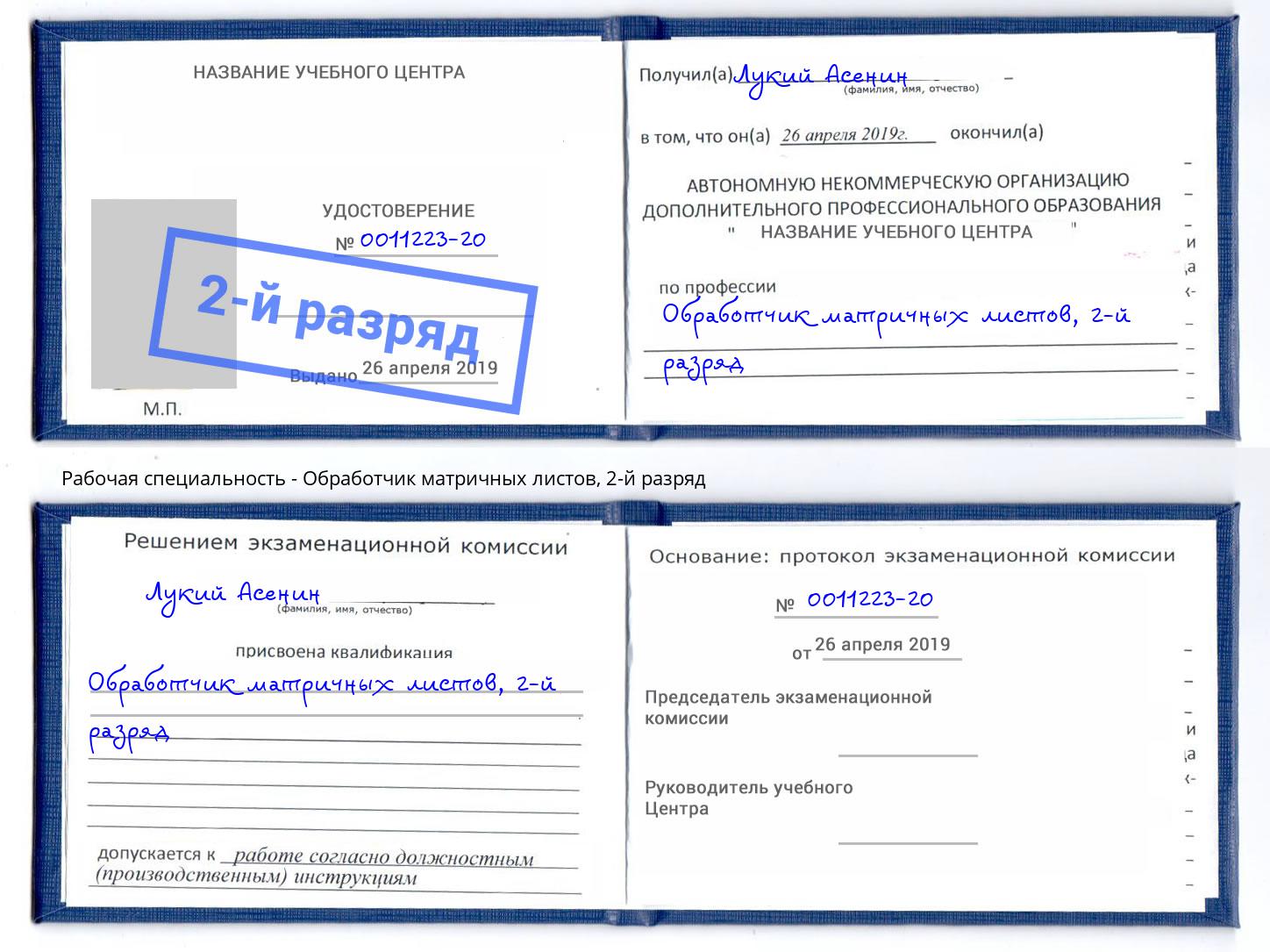 корочка 2-й разряд Обработчик матричных листов Дзержинский