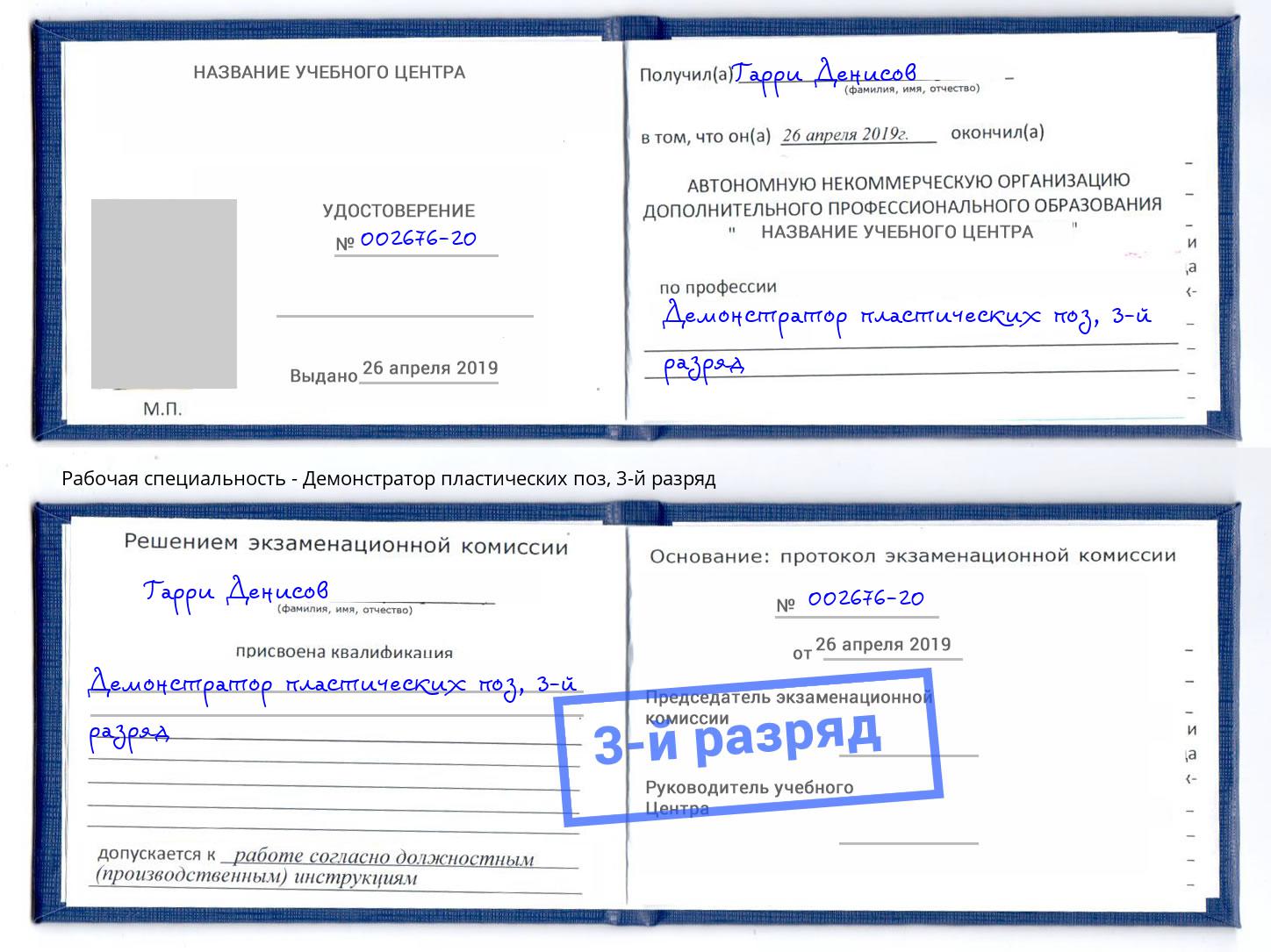 корочка 3-й разряд Демонстратор пластических поз Дзержинский