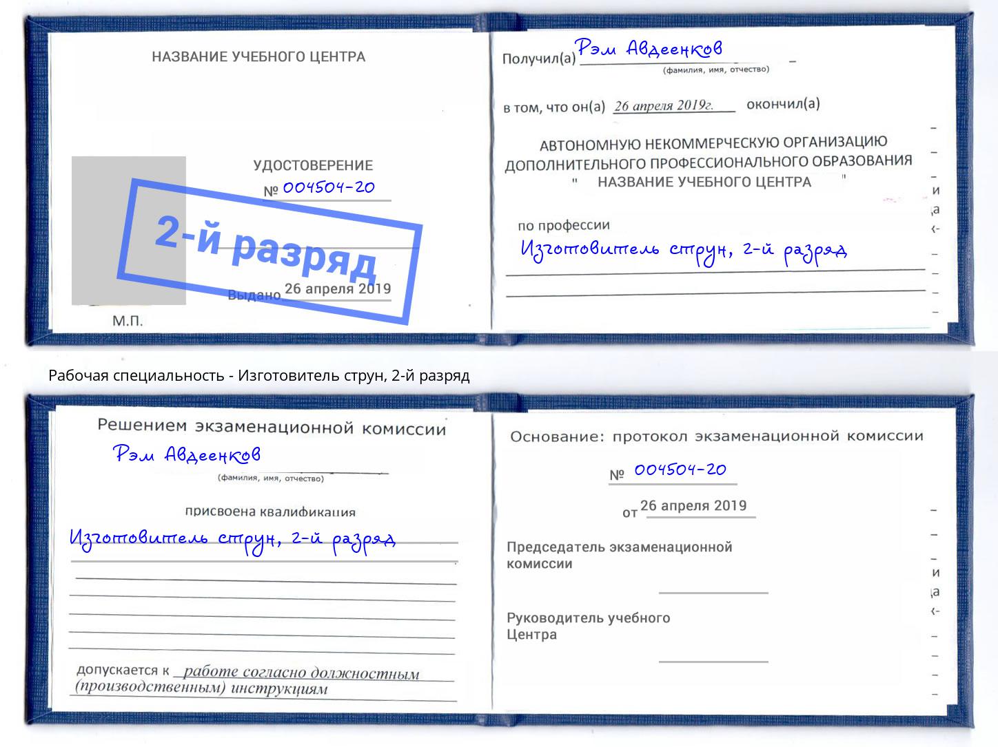 корочка 2-й разряд Изготовитель струн Дзержинский
