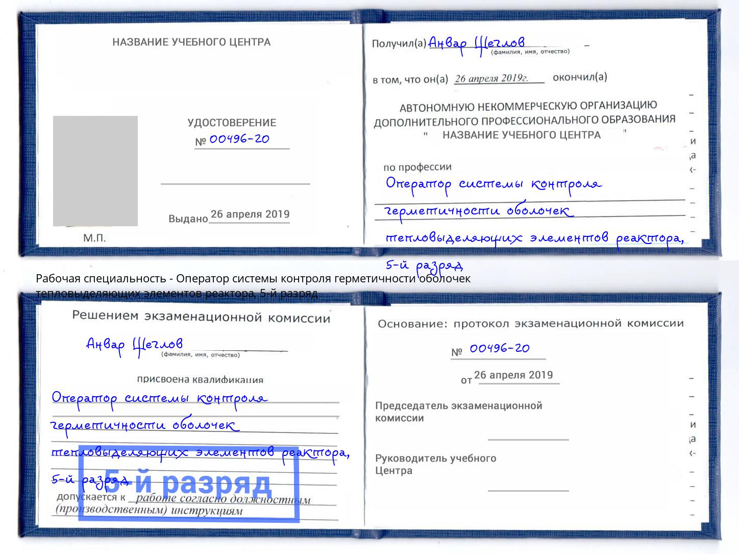 корочка 5-й разряд Оператор системы контроля герметичности оболочек тепловыделяющих элементов реактора Дзержинский