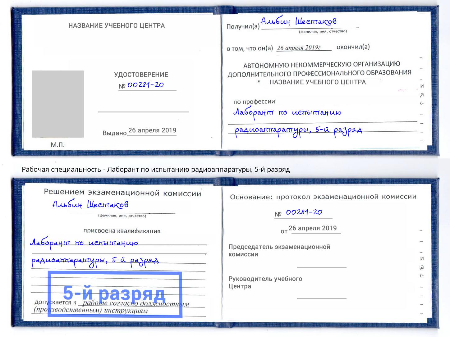 корочка 5-й разряд Лаборант по испытанию радиоаппаратуры Дзержинский