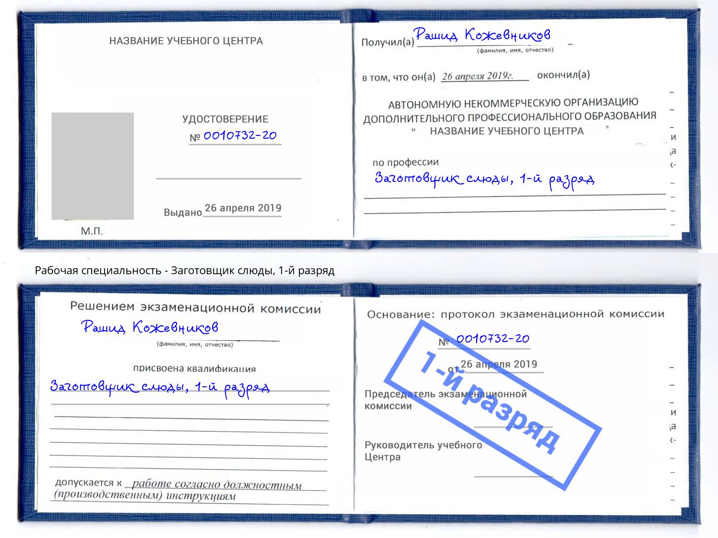 корочка 1-й разряд Заготовщик слюды Дзержинский