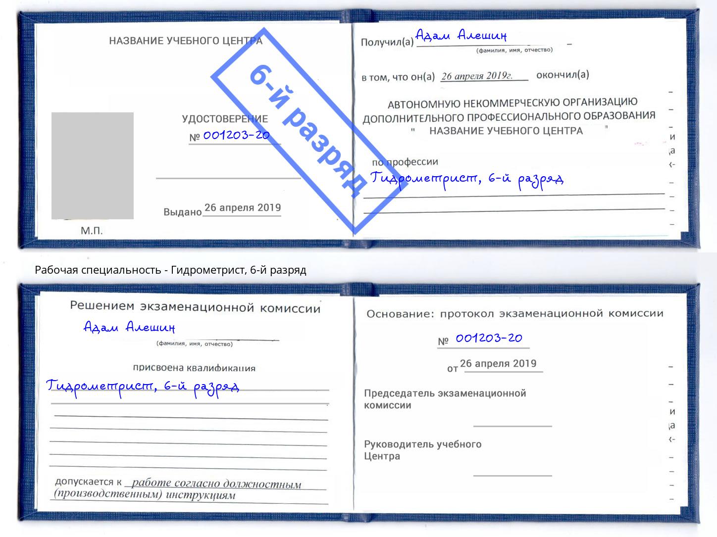 корочка 6-й разряд Гидрометрист Дзержинский
