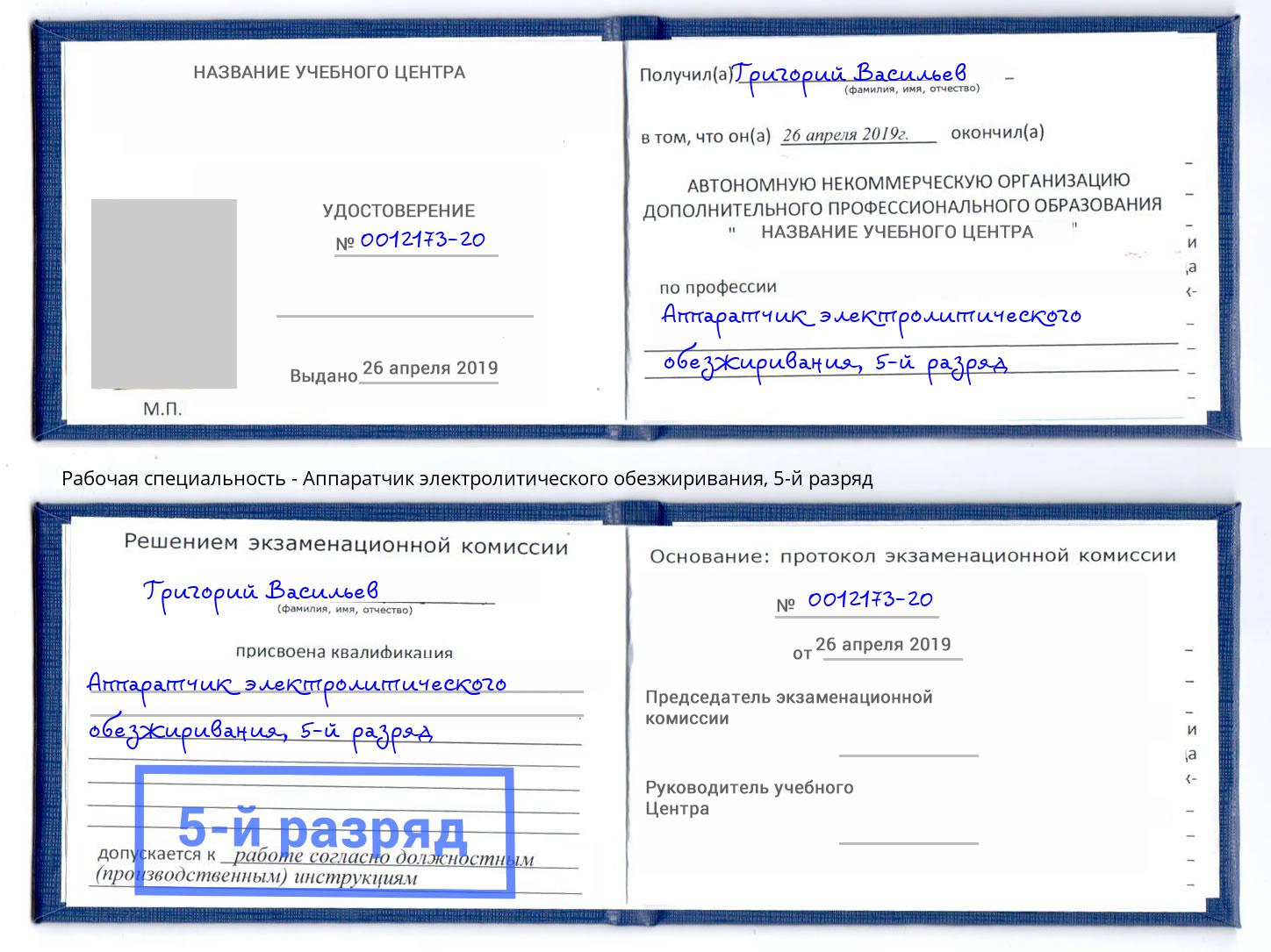 корочка 5-й разряд Аппаратчик электролитического обезжиривания Дзержинский