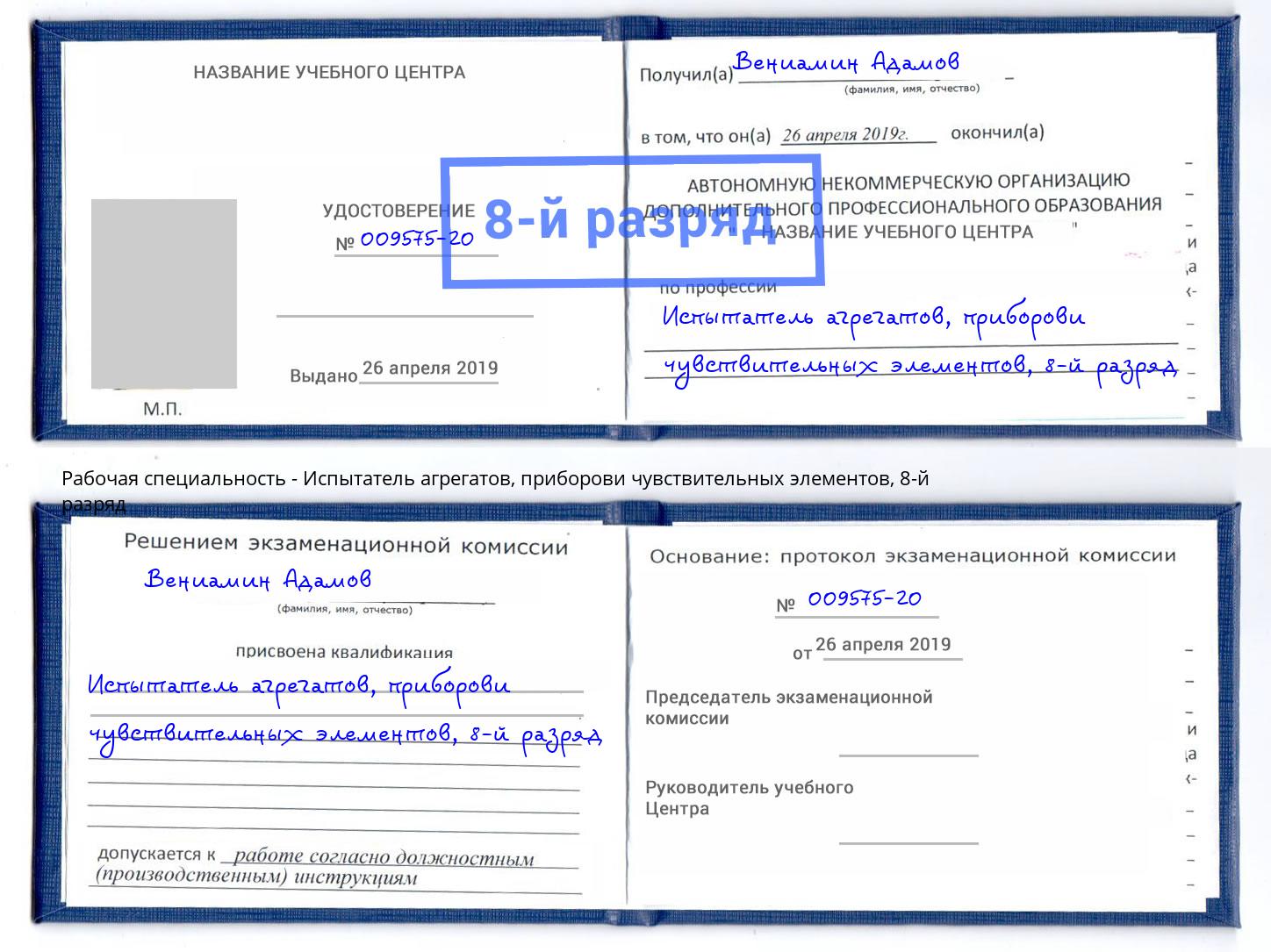 корочка 8-й разряд Испытатель агрегатов, приборови чувствительных элементов Дзержинский