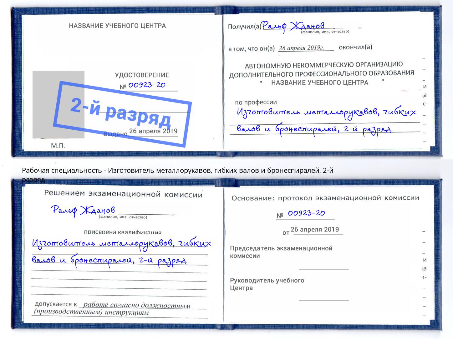корочка 2-й разряд Изготовитель металлорукавов, гибких валов и бронеспиралей Дзержинский
