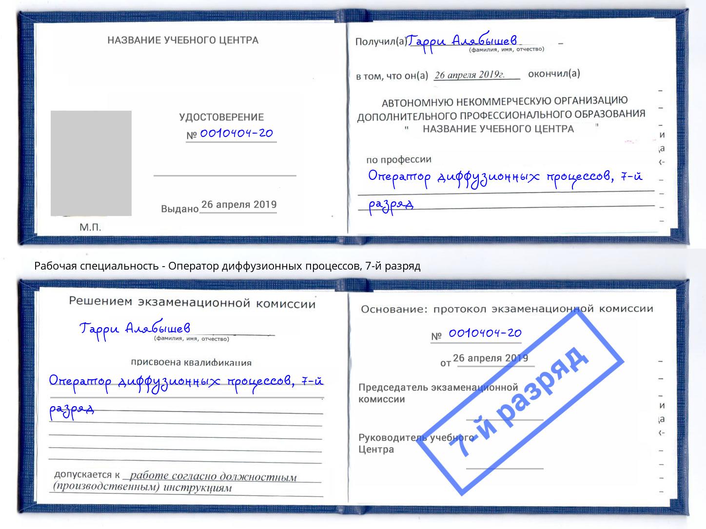 корочка 7-й разряд Оператор диффузионных процессов Дзержинский